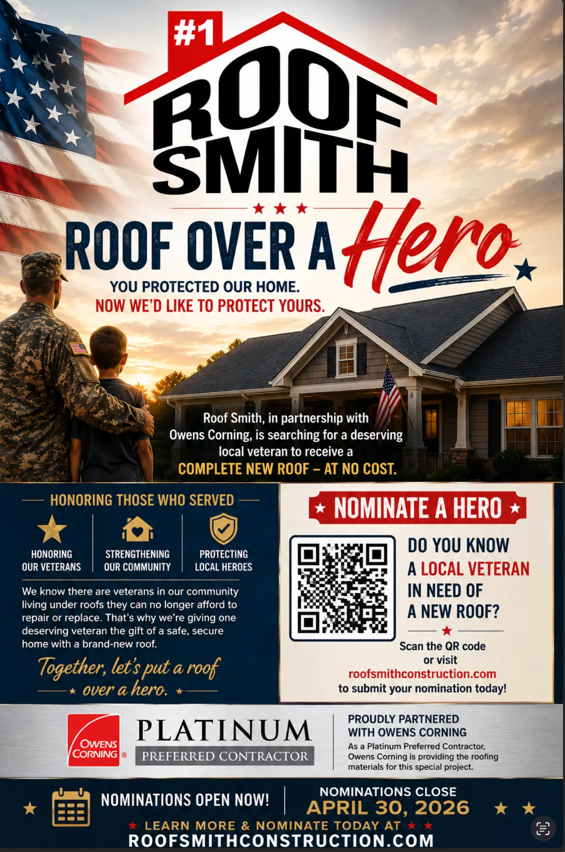 Roof Over a Hero flyer: nominate a local veteran for a free roof replacement from Roof Smith and Owens Corning