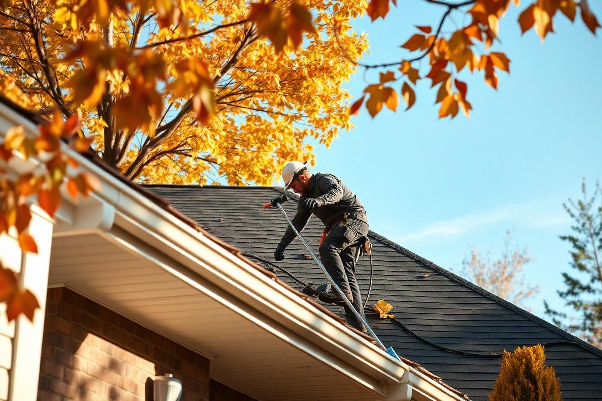 Roofer clearing debris and inspecting a shingle roof in autumn