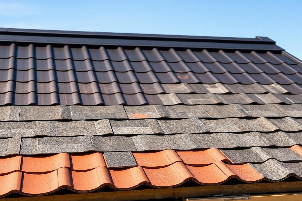 Metal, asphalt shingle and tile roofing materials side by side