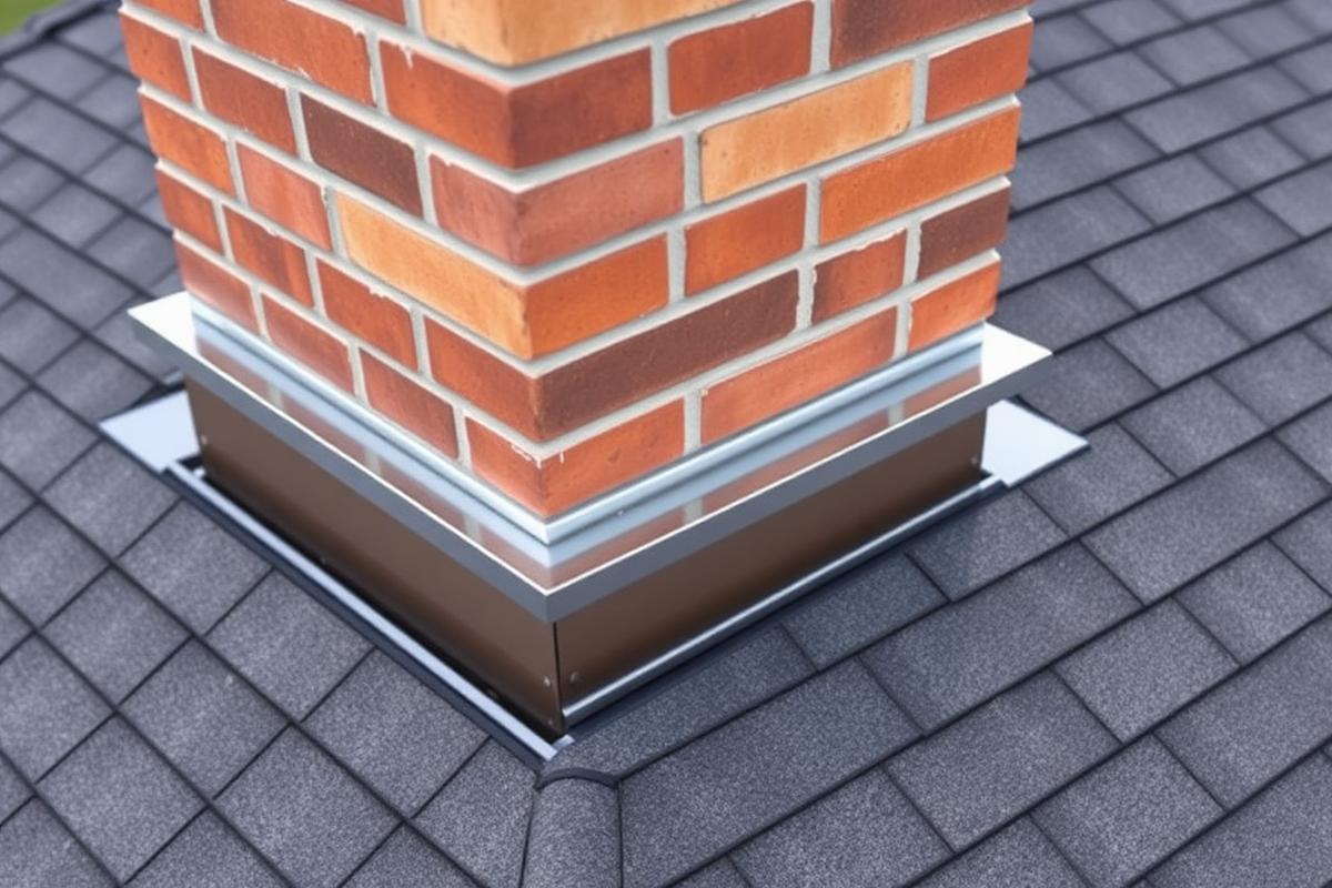 Brick chimney with metal counterflashing on a shingle roof