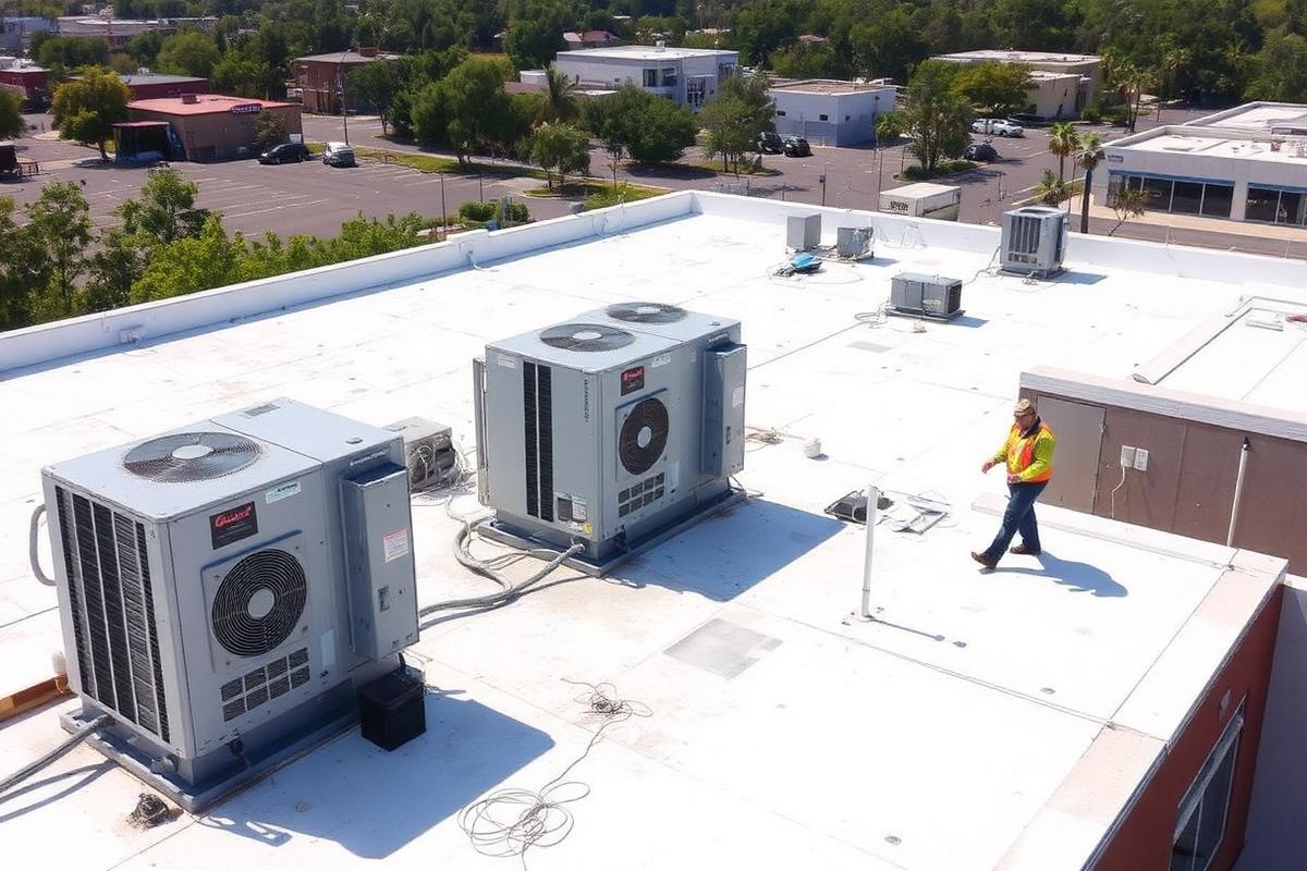 Flat commercial roof membrane with drains and rooftop units