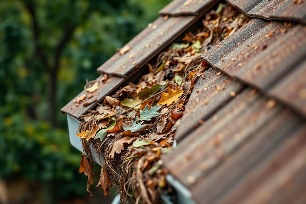 Roofer clearing debris from a home's gutter