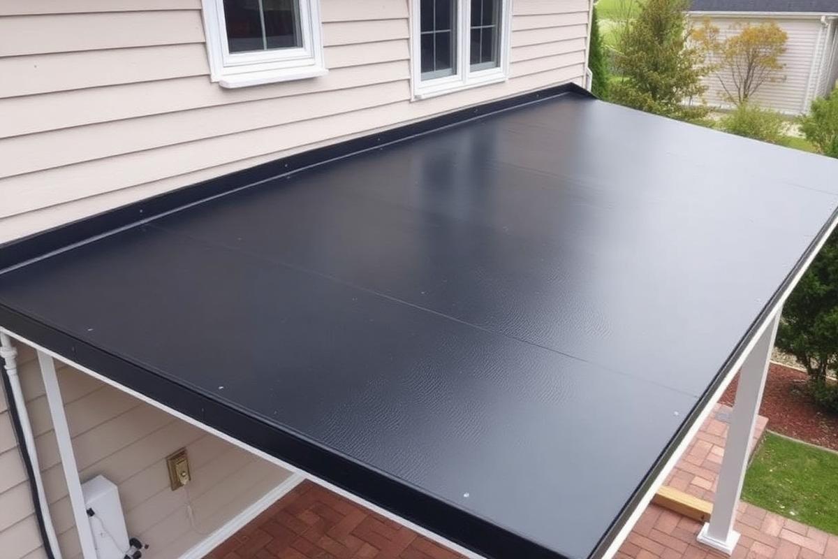 Low-slope membrane section adjoining a shingled residential roof