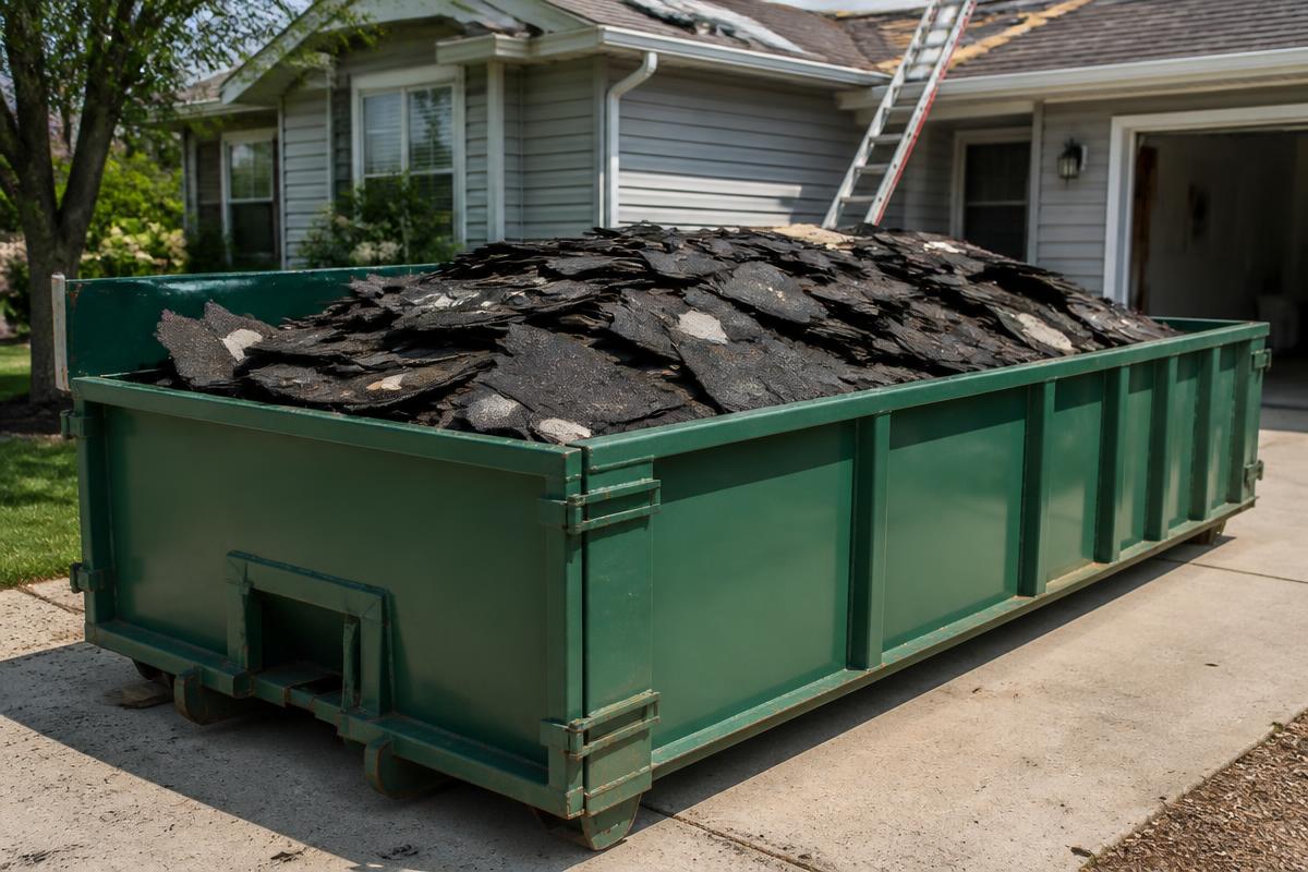 Dumpster filled with torn-off shingles during a roof replacement