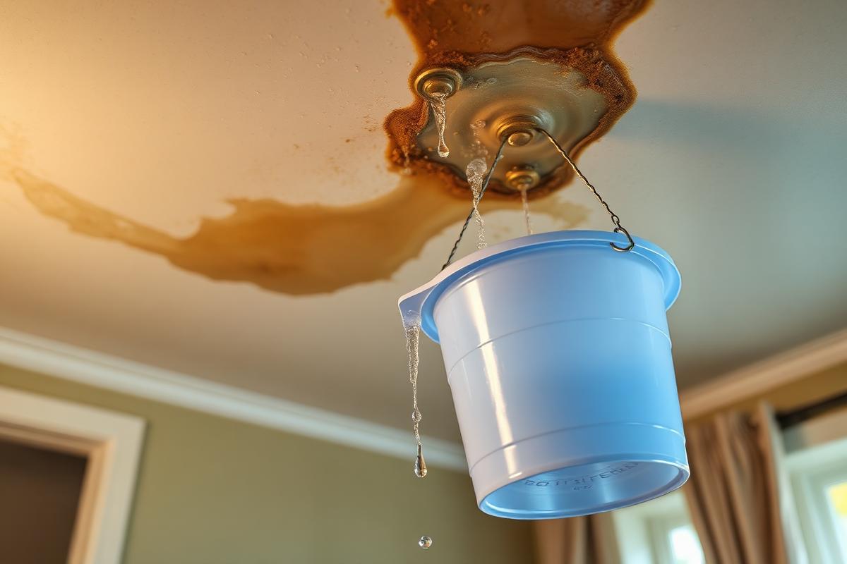 Water stain spreading across a ceiling below a roof leak