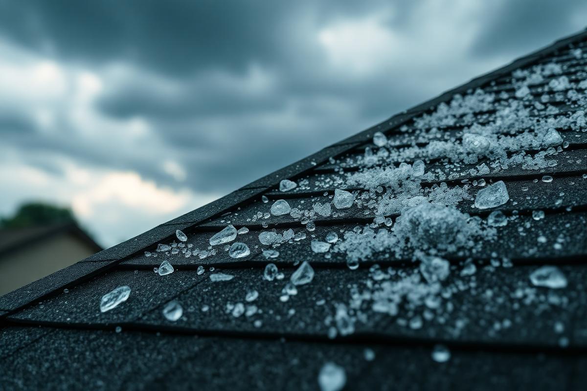 Hailstones resting on a damaged asphalt shingle roof after a Texas storm