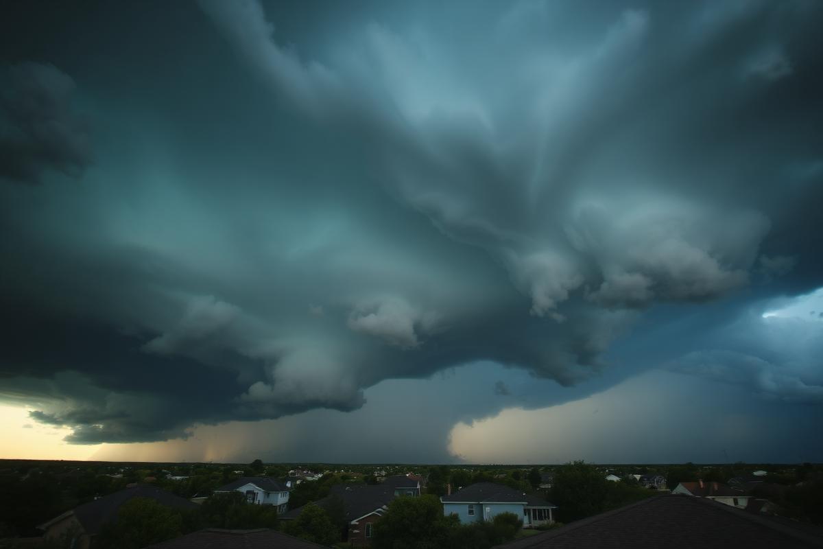 Dark storm clouds building over homes in the Texas Panhandle