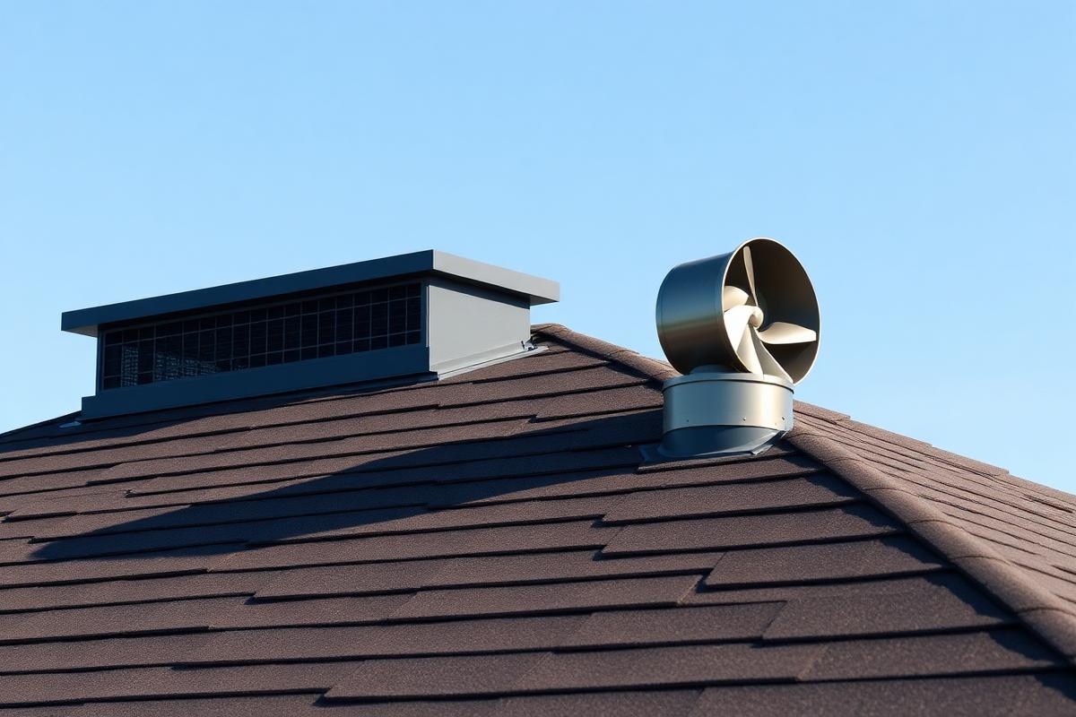 Ridge vent running along the peak of a shingle roof