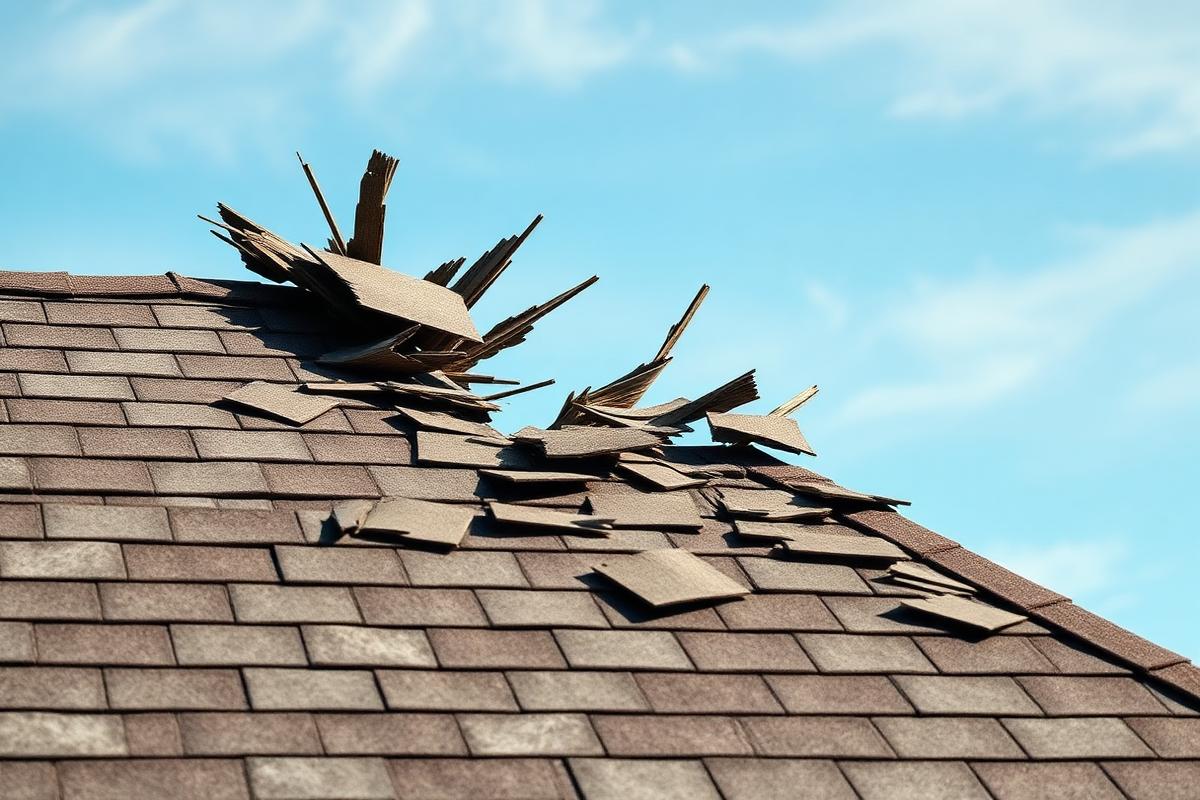 Wind-lifted shingles along a roof ridge after a Panhandle storm